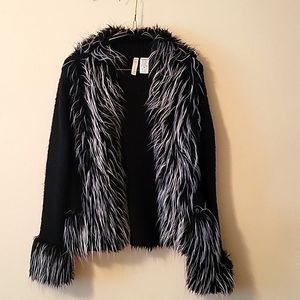Sweater jacket, Black w faux fur embellishments, M
